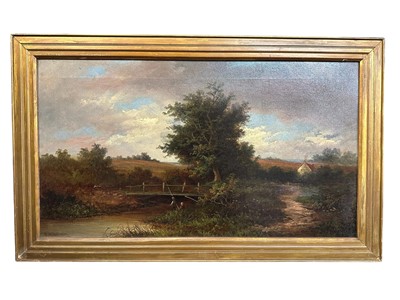 Lot 364 - W. Williamson, late 19th century, oil on canvas - Rural Landscape with Figures Fishing, signed, 46cm x 82cm, in gilt frame