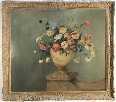 Lot 370 - French School, early 20th century, oil on board - Still Life Summer Flowers in an Urn, signed 'Le Corvoisier', 77cm x 89cm, framed