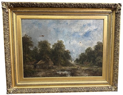 Lot 371 - Late 19th century oil on canvas - rural landscape with figures, indistinctly signed, 74cm x 105cm, in good gilt frame