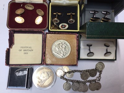 Lot 1003 - Pair of 9ct gold cufflinks and matching 9ct gold stick pin, other cufflinks, studs, silver coin bracelet and coins