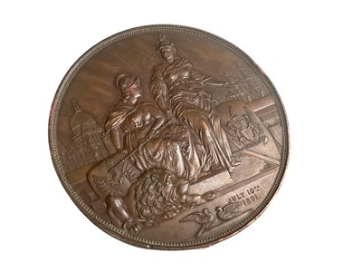 Lot 19th century bronze medal / medallion by Elkington & Co commemorating the visit of Kaiser Wilhelm II, the reverse dated July 10th 1891 8cm diameter.