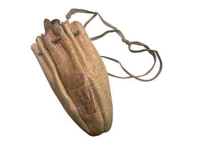 Lot Interesting First World War tan leather draw string pouch stamped with crown and w cypher for Kaiser Wilhelm II, inscribed and dated 1915 on reverse.