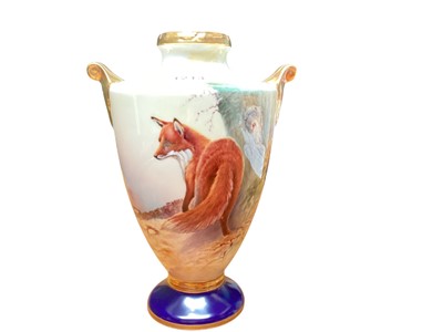 Lot 1213 - Aynsley vase with hand painted decoration depicting a fox in landscape, 19cm high