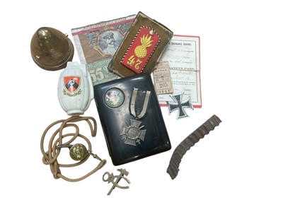 Lot Group of First World War Militaria to include part of an Iron Cross, crested china mills bomb / grenade, Imperial German cigarette case and brass shell fuse.