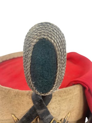 Lot 825 - Scarce Imperial German Saxony Reserve Officers ersatz busby with canvas covered body, silvered and gilt two part helmet plate, silvered chin scales, silver bullion and red felt bag and original...