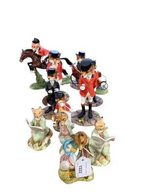 Lot 1222 - Four Royal Albert Beatrix Potter figures - Jemima Puddleduck with Foxy Whiskered Gentleman, Foxy Reading x 2 and Foxy Whiskered Gentleman, together with seven Boder Fine Arts foxes in hunting atti...