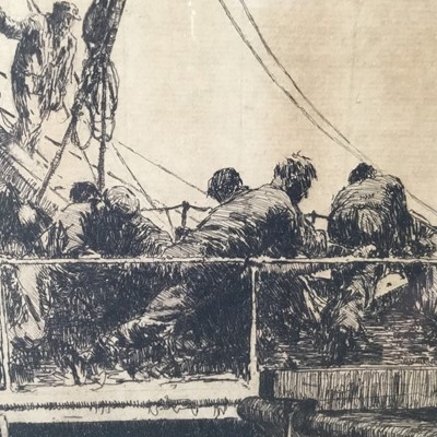 Lot 50 - Arthur Briscoe (1920-1997) etching - Bound for Rio Grande, signed and numbered 10/75 below, titled to label verso, 22.5cm x 25.5cm, in glazed frame