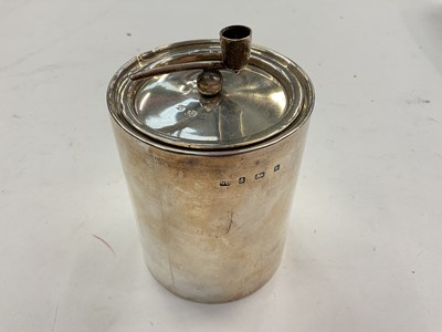 Lot 1080 - Late Victorian silver cylindrical tobacco box surmounted with a silver pipe, maker George Unite