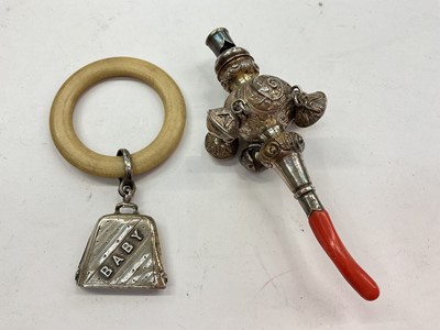 Lot 1082 - Victorian baby's rattle with coral teether, maker George Unite, together with a silver mounted teething ring