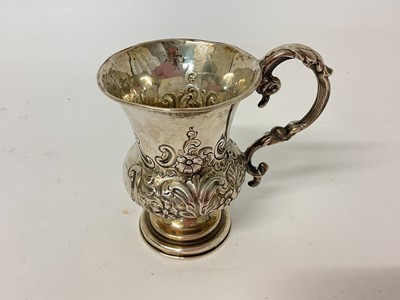 Lot 1084 - Victorian silver christening mug with embossed decoration, maker George Unite (Birmingham 1859)