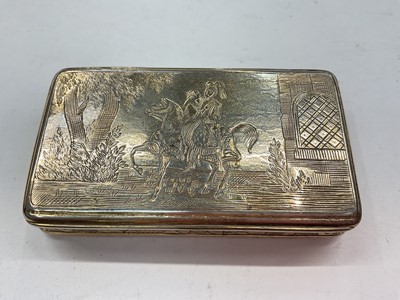 Lot 1086 - Late 18th/early 19th century Continental silver gilt snuff box engraved with scene of knight in armour riding off with a maiden, marked on cover rim.