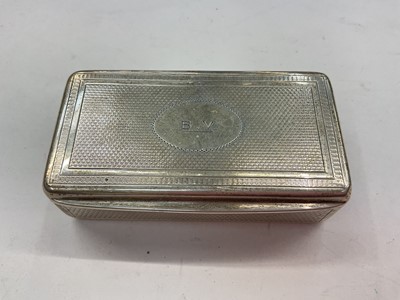 Lot 1089 - Late 19th/early 20th century silver (800) snuff box of rectangular form with engine turned decoration and engraved B.V.