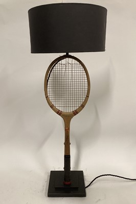 Lot 4 - Vintage Tennis racket lamp with half shade, 92cm with shade, 81cm without, on 20cm square base