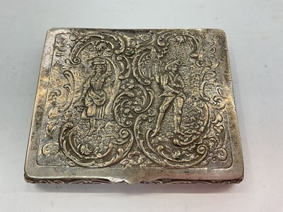 Lot 1092 - Late 19th century German silver card or cigarette case with hinged cover embossed decoration depicting a man and woman, base stamped 830.