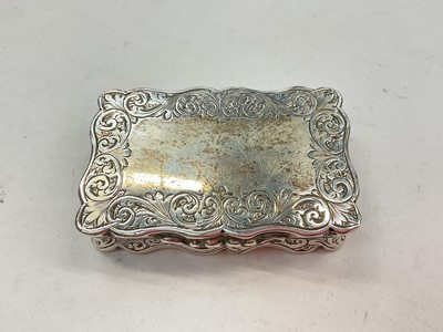 Lot 1096 - Late Victorian silver snuff box with engraved foliate decoration, vacant cartouche and silver gilt interior