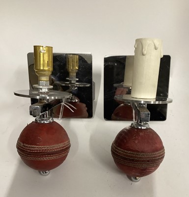 Lot 12 - Pair Single Cricket Ball silver wall sconces, on 11cm square mounts, 17cm deep