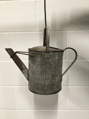 Lot 17 - Watering Can hanging lamp, 33cm high including top handle, spout to handle 39cm, can diameter 21cm, with circular ceiling mount 8cm diameter