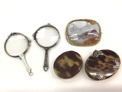 Lot 158 - Victorian agate panel in gilt metal brooch mount, two pairs of sterling silver lorgnettes and two tortoiseshell effect folding magnifiers