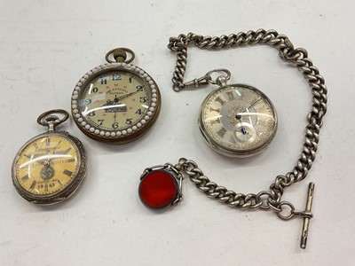 Lot 1105 - Victorian silver cased pocket watch on silver curb link watch chain and two other pocket watches (3)