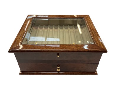 Lot 357 - Hillwood burr walnut cigar cabinet with bevelled glass hinged lid and a lower drawer