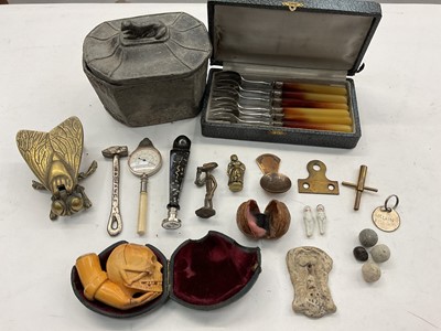 Lot 358 - Lead tea caddy, cased set of six pickle forks, Egyptian sarcophagus seal, lead musket balls, brass bee box, erotic plaque, meerschaum skull pipe bowl etc