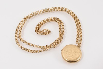 Lot 206 - 9ct gold circular locket with engraved flower head decoration on 9ct gold belcher link chain, 82cm long