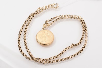 Lot 207 - 9ct gold circular locket with engraved foliate decoration on 9ct gold belcher link chain, 65cm long