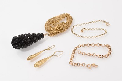 Lot 208 - Two 9ct gold chain bracelets, pair 9ct gold drop earrings and a carved jet pendant on chain