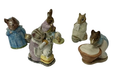 Lot 146 - Five Beatrix Potter figures to include: Mr Benjamin Bunny, Aunt Pettitoes, Anna Maria, Chippy Hackee and Tabitha Twitchit and Miss Moppet