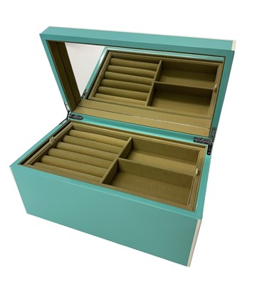 Lot 148 - Good quality 'Swing Design' turquoise lacquer jewellery box with removal trays and inset mirror to lid, 28cm wide x 17cm deep x 13.5cm high