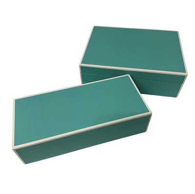 Lot 147 - Two good quality 'Swing Design' turquoise lacquer boxes, one with hinged lid and inset mirror, the other with removable lid, 25.5cm wide x 11.5cm deep x 7cm high and 24.5cm wide x 18cm deep x 8c...