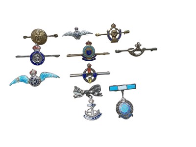 Lot 757 - Group of five Second World War era silver and enamel sweetheart brooches to include RAF, R.E.M.E. and Royal Navy, together with five further brass and white metal sweetheart brooches (5).