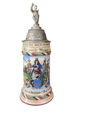 Lot Imperial German military porcelain stein with hinged pewter lid with soldier and eagle mounts, transfer and painted military decoration named to ' Reservist Meyer, 6.Comp.Inf.Rgt.Prinz Friedr.Ni...