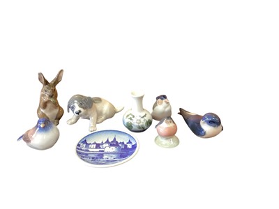 Lot 1261 - Group of five Royal Copenhagen porcelain animals, ditto vase and dish, and a Bing & Grondel bird (8)