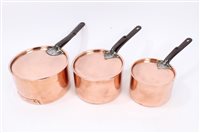 Lot 1105 - Graduated set of three copper saucepans and...