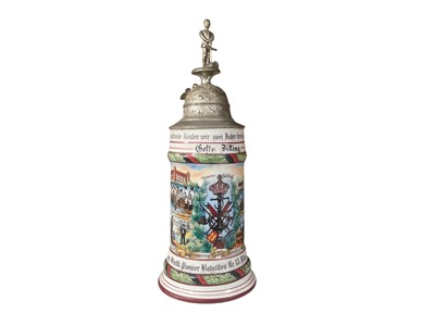 Lot 846 - Imperial German military porcelain stein with hinged pewter lid with sailor and bird mounts, transfer and painted military decoration named to ' Geftr.Ditting, 4 Comp. Wurttb.Pionier Batallon Nr...