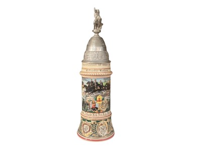 Lot 847 - Imperial German military pottery stein with hinged pewter lid with mounted cavalryman and eagle mounts, transfer and painted military decoration named to 'Gefreiter Ratjen 3 Battr. 3 Garde Feld...