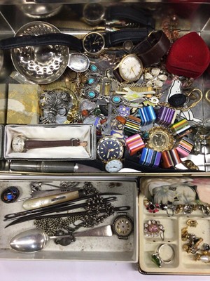 Lot 164 - Group of costume jewellery, watches, silver and mother of pearl fruit knife, Georgian silver teaspoon and other bijouterie