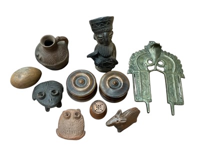 Lot 211 - Group of Middle Eastern tourist pieces including pottery figure, pottery frogs, jug, pair of turned wood pots with covers signed Jerusalem and other items