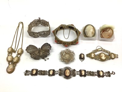 Lot 172 - 9ct gold mounted cameo brooch and 9ct gold chain, other cameos and filigree jewellery