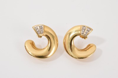 Lot 233 - Gold stylised half hoop diamond set stud earrings, 20mm diameter