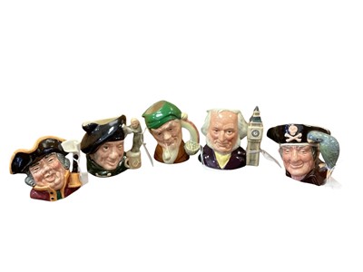 Lot 1246 - Nine Royal Doulton character jugs - Town Crier D6537, Tam o'Shanter D6636, Leprechaun D6899, Long John Silver D6386, John Barleycorn D5735, Parson Brown D5529, The Guardsman D6771, Old Salt D655...