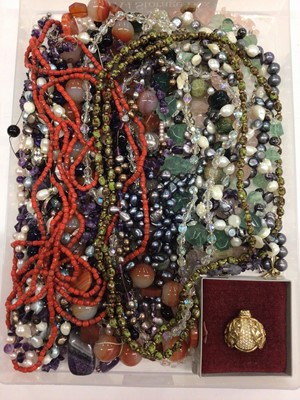 Lot 184 - Group of various bead necklaces including amethyst, cultured pearls, quartz etc and a Christian Dior gilt metal paste set insect brooch