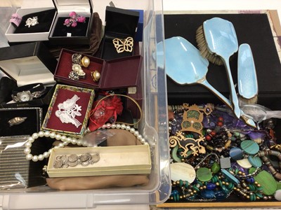 Lot 185 - Quantity of vintage and later costume jewellery, wristwatches, jewellery boxes, blue enamelled dressing table set and other bijouterie