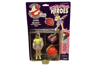 Lot Kenner (c1986) The Real Ghostbusters Screaming Heroes Janine Melnitz and Swine Whine Ghost, plus Entertech Spitballs (Stay-Puft Man, Ecto-1, Slimer & Ghostbuster), all on card with bubblepac...