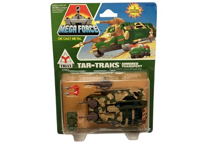 Lot 1710 - Kenner Mega Force Triax Army Battle Tanks & Tar-Traks, plus V Rocs VTols, on card with bubble pack (3)