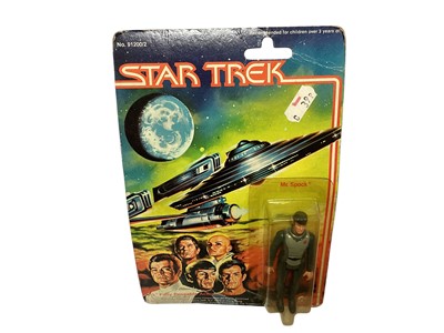 Lot Mego Corps (c1980) Star Trek Five Faces Mr Spock No.91200/2 & The Dukes of Hazzard Cooter No.09010/7 & Cletus No.09010/8 3 3/4" action figures, on card with bubblepack (3)