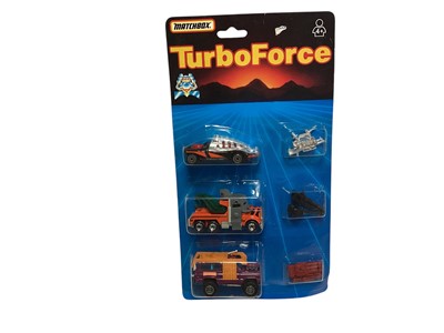 Lot 1714 - Matchbox TurboForce Motor Barons Back Stabber (x2), Tow Nailer & Stick-Up Pickup, plus Roadblasters Street Eater, all on card with bubblepack (5)