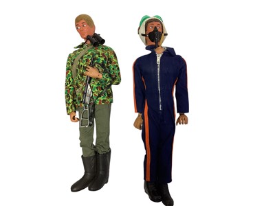 Lot 1718 - Palitoy Action Man Eagle Eye with flock hair (Heads detached) action figures with outfits, plus one other figure, outfits & Action Man Equipment Centre Rifle Rack No.34727 (9)