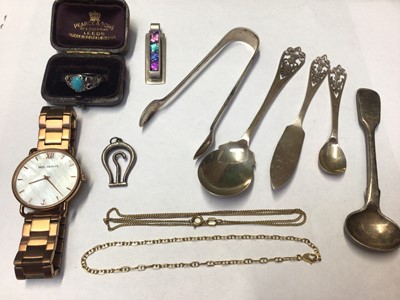 Lot 1001 - 1960s Scottish silver teaspoon, salt spoon and butter knife, pair of silver suagr tongs, silver pendant and ring, Paul Hewitt stainless steel wristwatch, two gold plated chains etc